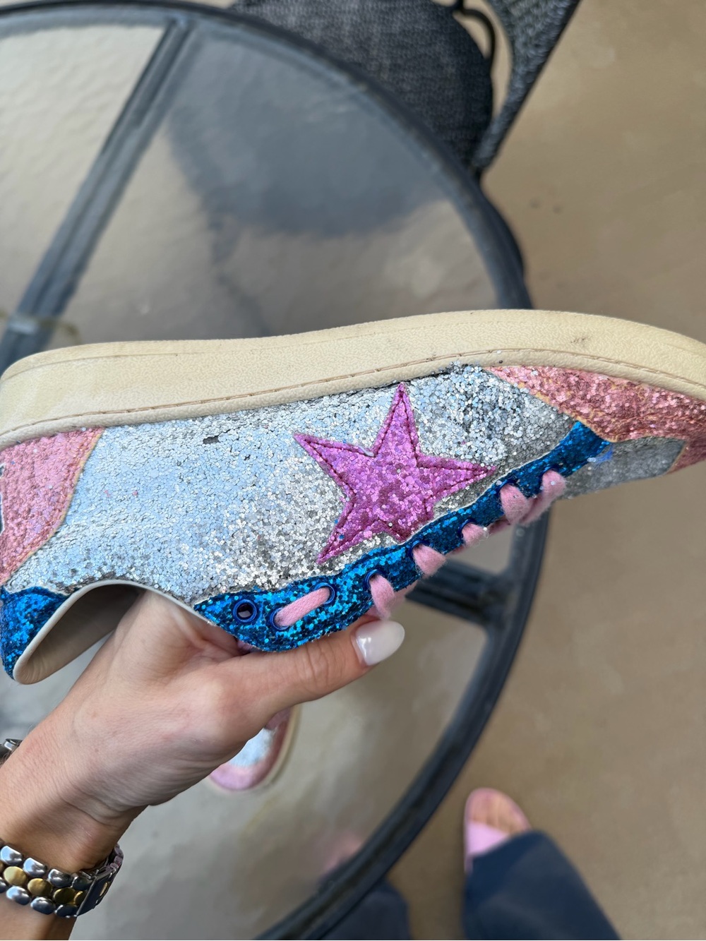 Golden Goose Silver Glitter Sneakers with Pink Star and Blue & Pink Accents - Picture 10 of 16